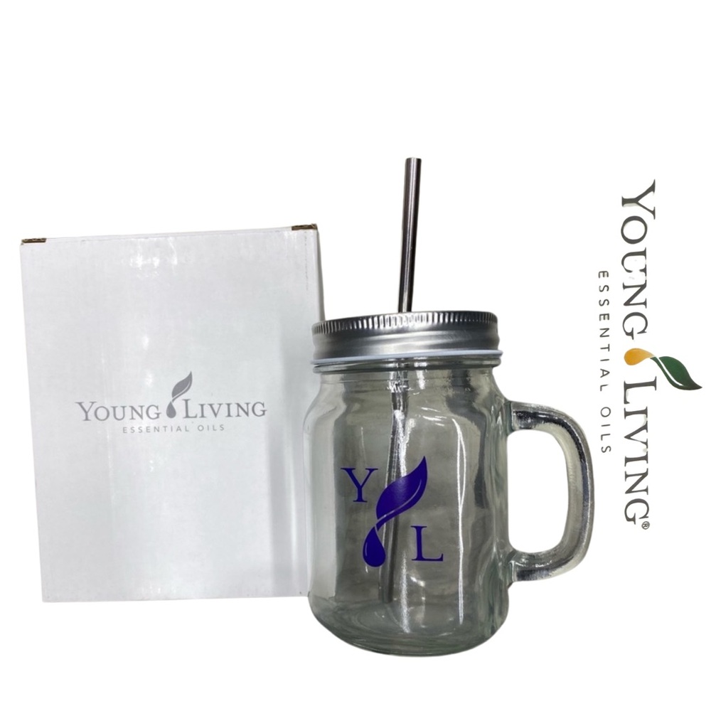 NIB | Young Living Glass Mason Jar Mug with Lid and Stainless Steel Straw